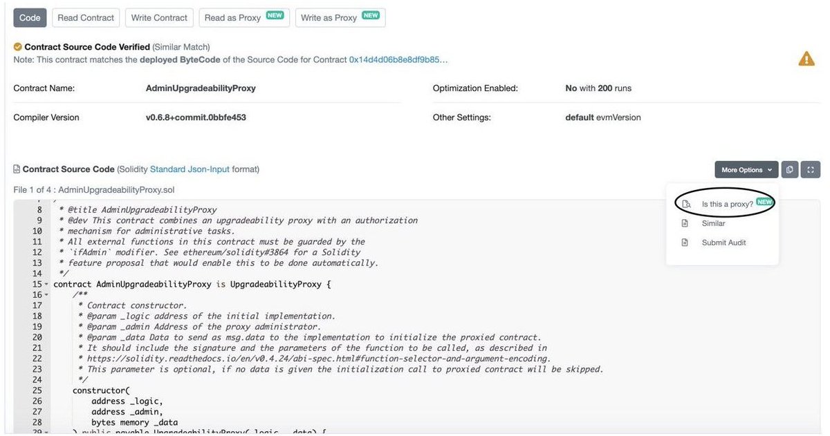Overdose_AI's tweet photo. After so many scammers tried to rug with Proxy Contract - I made a full guide on how you can find if it's a Proxy Contract!
It's very easy and all of you can do it most of the times!
The guide can be found here:
https://t.co/TOR0Zs2rOu
#Uniswap #proxycontract #Ethereum #DeFi https://t.co/xkZNIUjdml