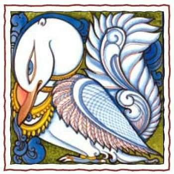 38. The 'Hamsa' or GooseHamsa, vehicle of Brahma, is the swan (more accurately, the wild goose, Aser indicus). It is a noble symbol for the soul, and for adept renunciates, Paramahamsa, winging high above the mundane and diving straight to the goal. Source: Himalayan Academy