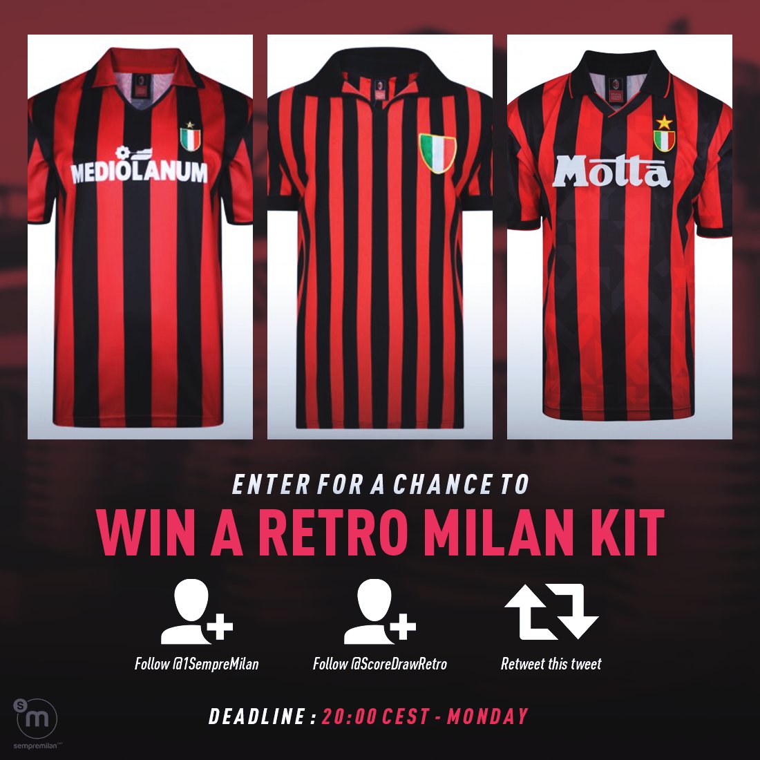 SempreMilanTV's tweet photo. 🎁 GIVEAWAY! We're teaming up with @Scoredrawretro to give you a chance to win a retro #ACMilan shirt!

➤ Follow @1SempreMilan
➤ Follow @Scoredrawretro
➤ RT this tweet

⏰ Deadline is 20:00 CET on Monday. Good luck! https://t.co/MBD3wKprQh