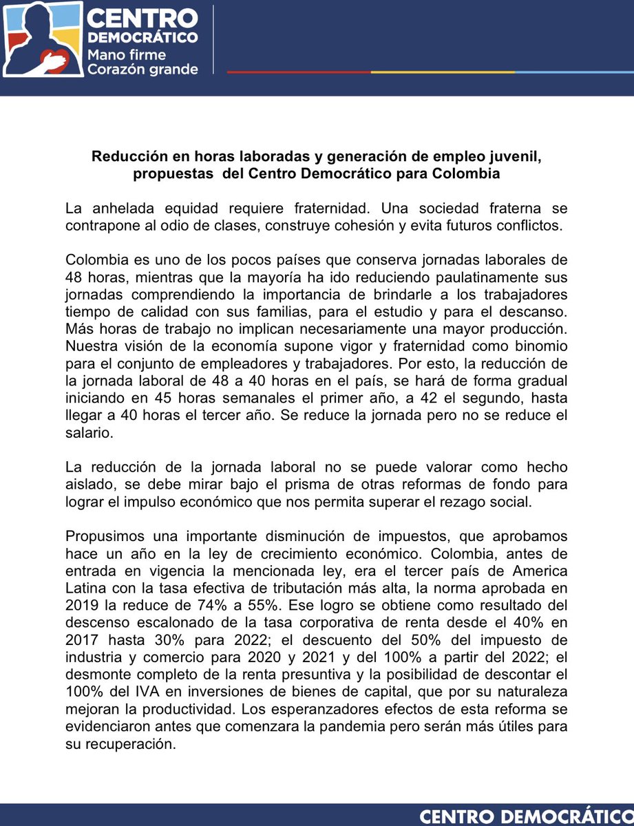 CeDemocratico's tweet photo. #Comunicado Reducción en horas laboradas y generación de empleo juvenil, propuestas del Centro Democrático para Colombia https://t.co/3QSNVmk2nO
