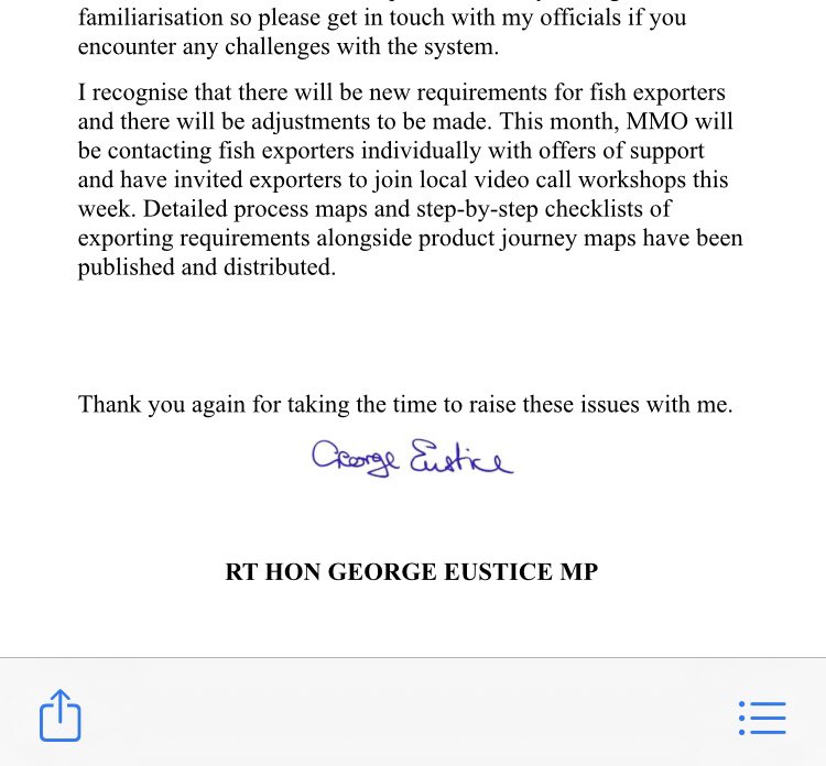 Environment Secretary George Eustice’s reply to the fishing industry leaders concerned about the new requirements for export to the EU from January 1.