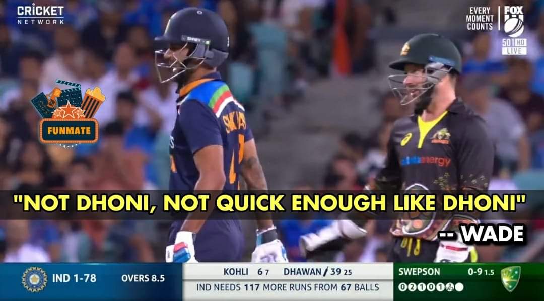 dileepDHFM13's tweet photo. "Not quick enough, I'm not Dhoni " Wade after that stumping .

#AUSvsIND  @MSDhoni 
#NotDhoni https://t.co/ee7LpZxWnd