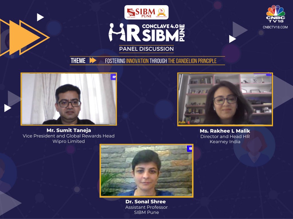 HRC_SIBMPune's tweet photo. SIBM Pune hosted a Discussion at its flagship event, HRC 4.0 on the topic "Fostering Innovation through the Dandelion Principle".

We are extremely grateful to esteemed speakers who took out valuable time to address the crowd &amp; provided valuable insights.

#HRConclave4
#SIBMPune https://t.co/0fBLryuGlX