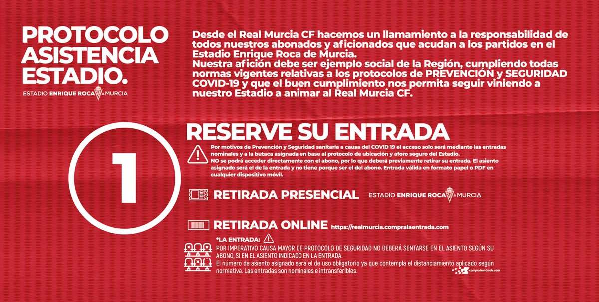 realmurciacfsad's tweet photo. ⚠️ PROTOCOLO DE ASISTENCIA ESTADIO / #EnriqueRocaDeMurcia #RealMurcia 

RESERVE SU ENTRADA. Por motivos de prevención y seguridad sanitaria #COVID-19, todos los abonados tienen que reservar y retirar su entrada donde estará su asiento asignado. https://t.co/mmp5smBbuu