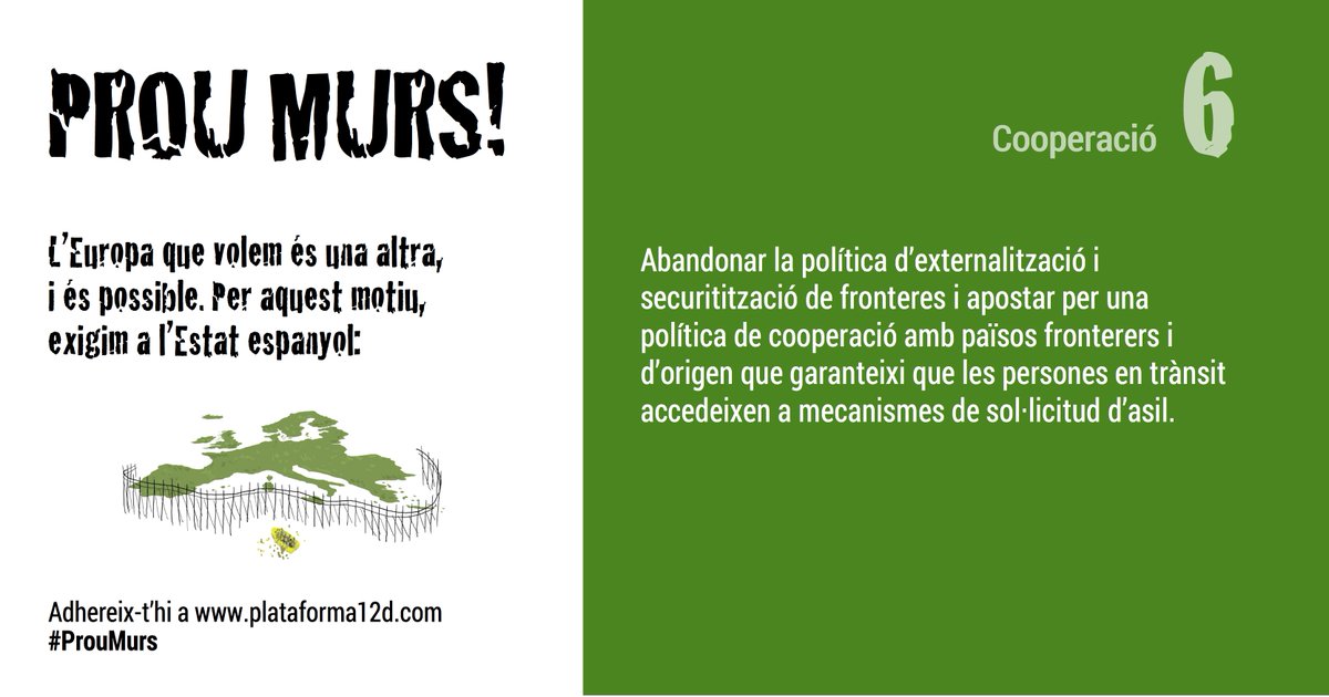✅6⃣ Demanem una Europa de Drets Humans! 
#ProuMurs #TocaDirProu #ReubicacióUrgent #NoAlPacteMur

Exigim a la Unió Europea, als Estats membres i, especialment, a l’Estat espanyol👇🏽