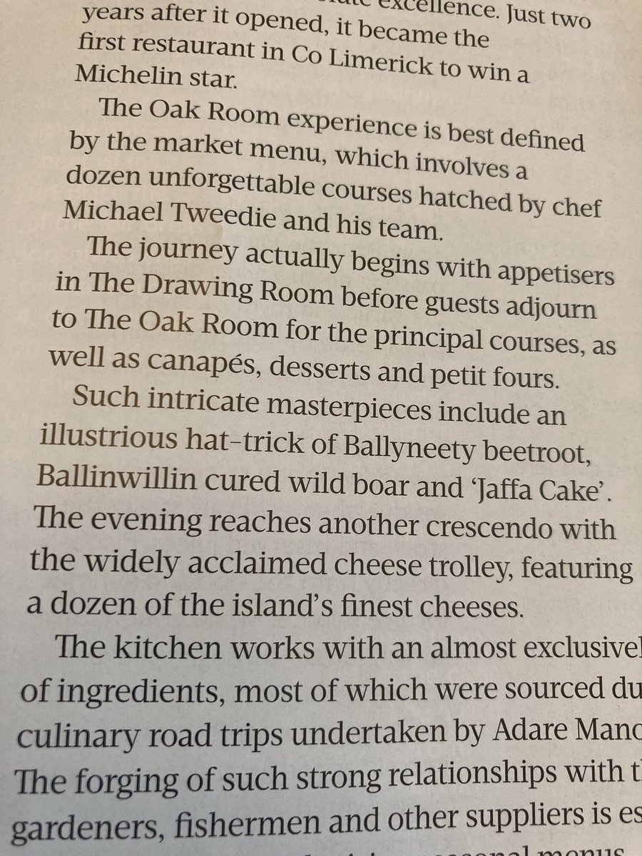 Delighted to get a mention in the latest issue of <a href="/foodandwineIE/">FOOD&WINE Magazine Ireland</a> thanks to our #Ballinwillin organic wild boar featuring on the menu by <a href="/tweediesm/">Mike Tweedie</a> in the fabulous Michelin star Oak Room in <a href="/TheAdareManor/">Adare Manor</a> The extract is from a book by <a href="/turtlebunbury/">Turtle Bunbury</a>