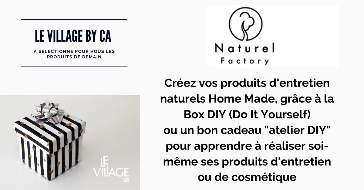 🎁 1 JOUR – 1 STARTUP – 1 CADEAU
Notre startup @NATURELFACTORY vous propose sa gamme de « Box DIY » pour réaliser vous-même vos produits ménagers mais également des ateliers DIY (entretien naturel de la maison et cosmétique) 
A retrouver levillagebyca.com/fr/marchedenoel 🎄