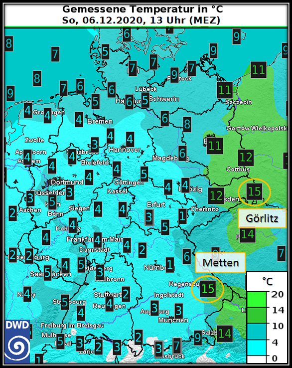 DWD_presse's tweet photo. Um 13 Uhr vielerorts Temperaturwerte zwischen 0 und 6 °C. Deutlich milder in Teilen des Ostens und Niederbayerns mit bis zu 15 °C in #Görlitz und #Metten!
Verantwortlich dafür ist der starke Südostwind in der #Oberlausitz und an der niederbayerischen #Donau. /V https://t.co/BuiGx8EE3G