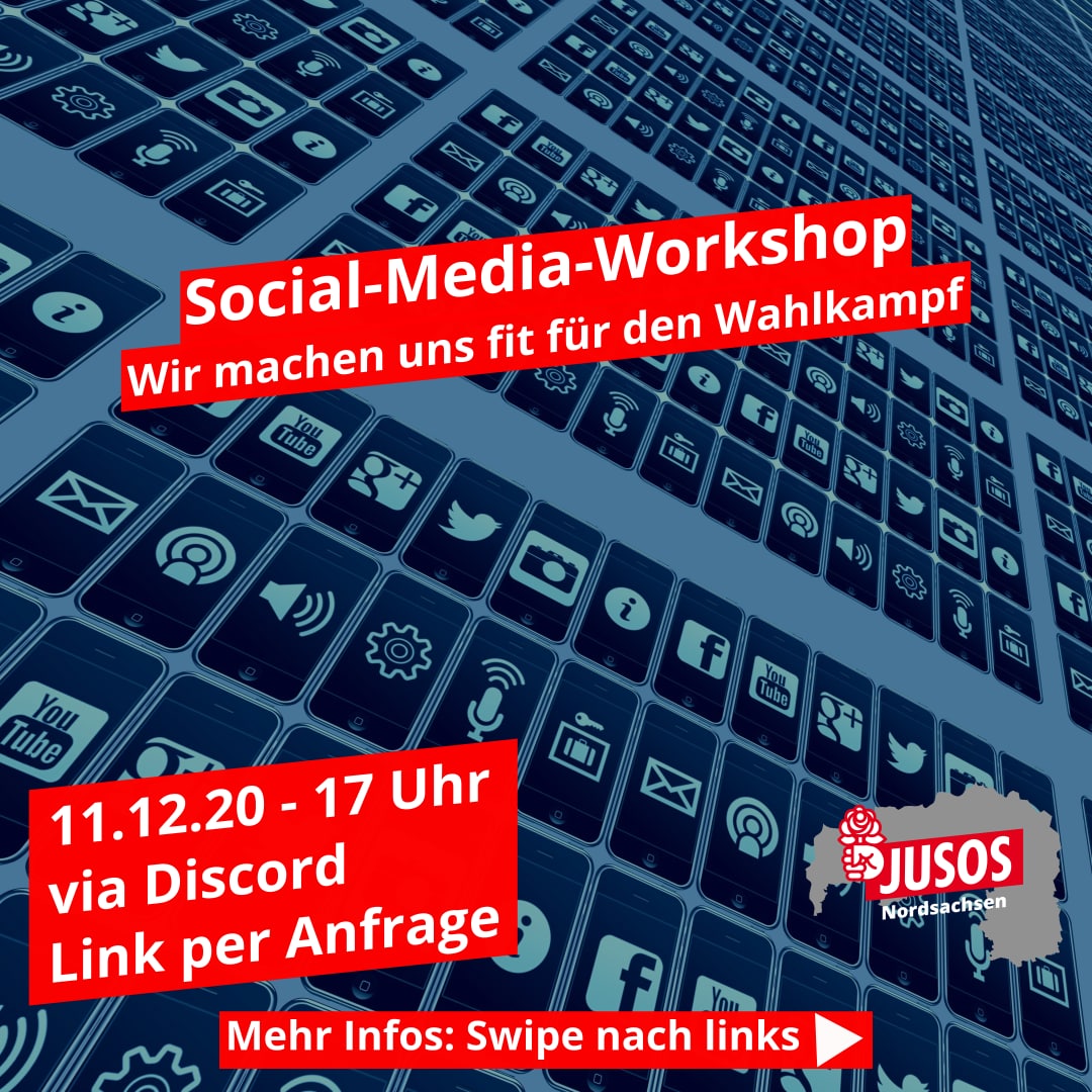 JusosNoSa's tweet photo. Save the date! Wir machen einen Social-Media-Workshop.

Wann? Freitag, 11.12.20 ab 17Uhr

Wo? Discord (Schreibt uns für den eine DN oder E-Mail an jusosnordsachsen@gmail.com und ihr bekommt den Link)

Was muss ich vorher wissen? Ladet euch am besten das Programm Inksacpe runter😁 https://t.co/TOIGeXhCsl