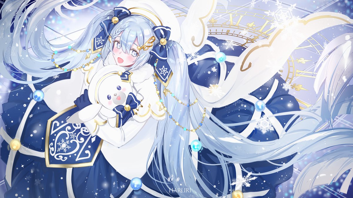 hatsune miku ,rabbit yukine ,yuki miku 1girl christmas lights long hair white headwear hat very long hair twintails  illustration images