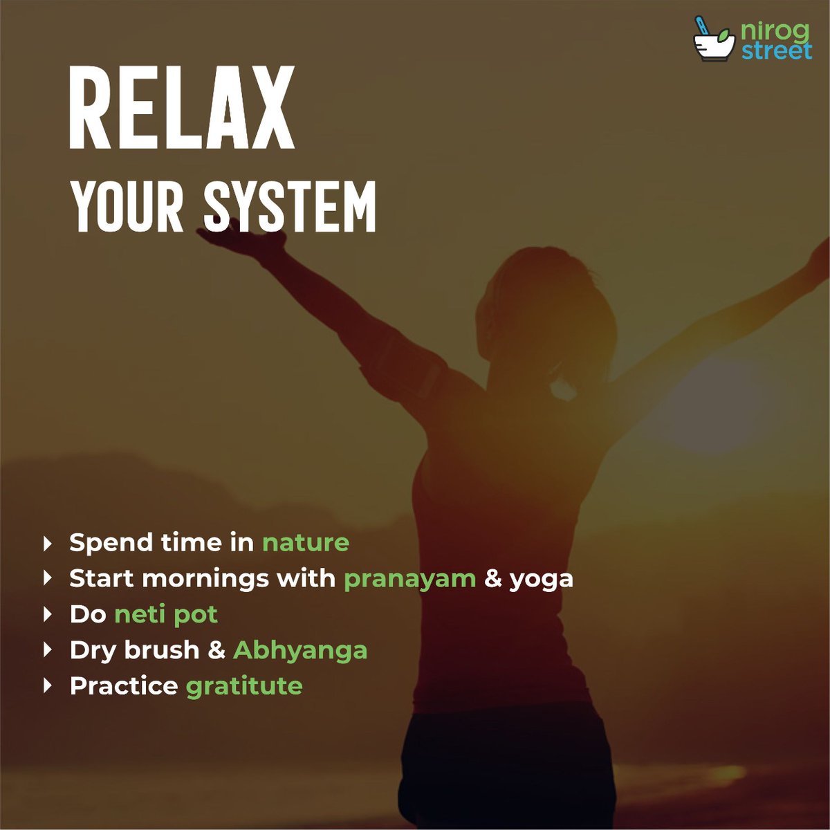 To take a break from our monotonous schedules, our body needs to relax.
Take out time for yourself and give the love to your body that it deserves
#Relaxyoursystem #LoveYourself

#StayNirog #NirogStreet #HealthyLiving #HealthyLifestyle #PositiveThoughts #PositiveLiving  #Ayurveda
