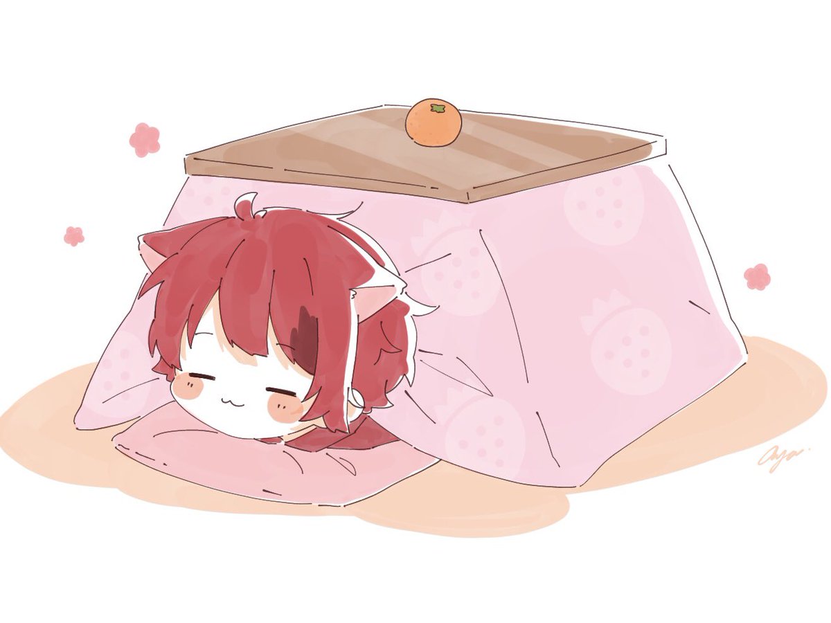 kotatsu 1boy animal ears male focus red hair fruit table  illustration images