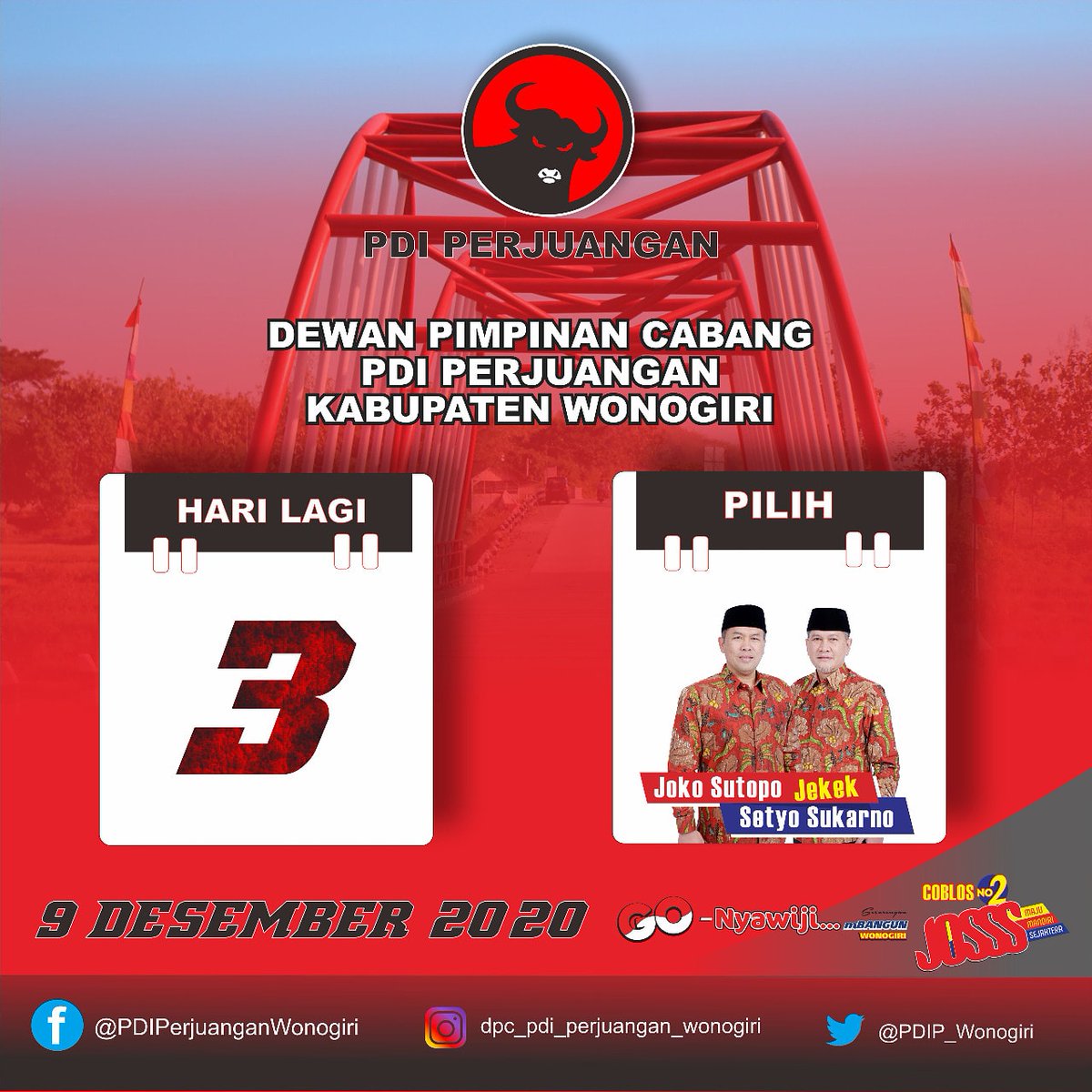 Kurang 3 Hari Lagi Menuju PiLkada Kabupaten Wonogiri 9 Desember 2020.
.
Ayo Semangat Datang ke TPS. CobLos Nomer 2. Pasangan JOKO SUTOPO &amp; SETYO SUKARNO
.
Tetap Patuhi ProtokoL Kesehatan ya. Budhal TPS Nganggo Masker Lurrr.
.
#PilkadaSerentak2020