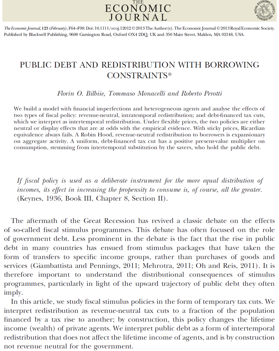 2/n My own paper with  @monacelt and Roberto Perotti 2013 EJ (2011): the effects of transfers and public debt with two agents.  @GautiEggertsson & Krugman's famous QJE also studied this in a liquidity trap. The cited papers by  @Realprofneil and Giambattista and Pennings, also 2011