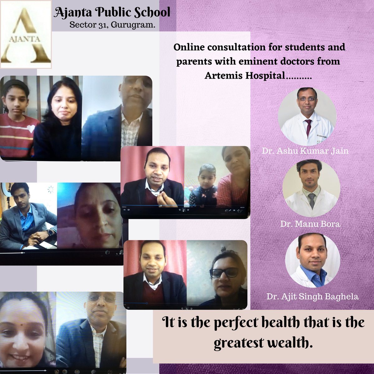 Let's be good Samaritans and help our society maintain good health. I wholeheartedly appreciate the efforts of the three doctors from Artemis Hospital, Gurugram, who spent three days of online consultion and helping the students and parents of @SchoolAjanta @MicrosoftEDU @HPSC20