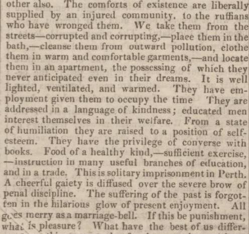 Institutionhist's tweet photo. An editorial complaining in 1848 that prisoners in Perth were given too many "luxuries" as these basic necessities (food, warmth, education) were denied to the poor.
It is interesting that instead of fighting against systems that allowed such poverty the author blamed 1/2 https://t.co/NxkeHkyw5h