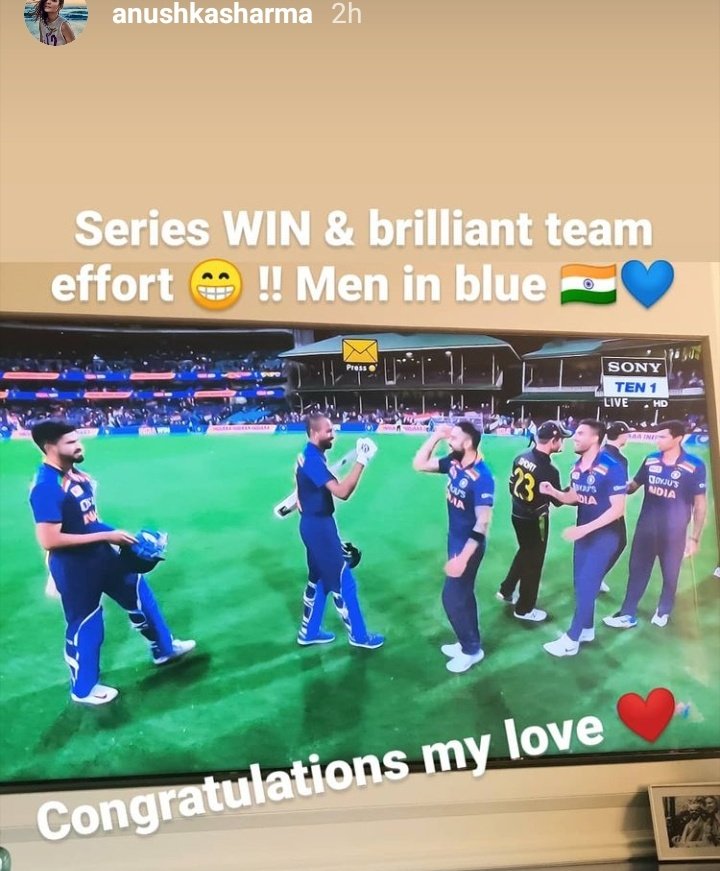 ImTanujSingh's tweet photo. Anushka Sharma's latest Post on his Instagram. And she's Celebrating Virat Kohli's team India Series win in Australia today. @imVkohli @AnushkaSharma❤️.!! #AUSvsIND https://t.co/2VqBMUwK7E