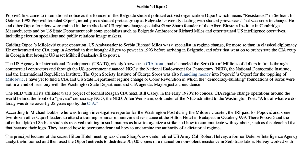 4. Zbigniew Brezinski and Madeline Albright later created CIA front NGO funding mechanism through George Soros's Open Society Initiative to run election hacking and disruption operations in Belgrade, Serbia with OTPOR/CANVAS. William Engdahl has written extensively about OTPOR.