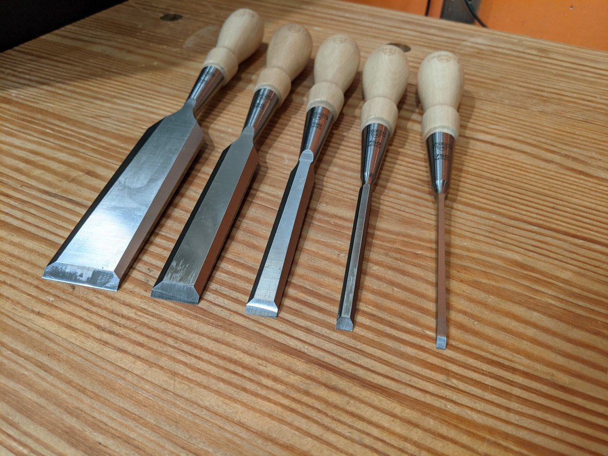 Starting with chisels, I have left and right skew chisels by Two Cherries and Stanley Sweetheart socket chisels in 1/8", 1/4", 1/2", 3/4", and 1-1/4"Both are advertised as "bevel edge" and neither are meaningfully so. If budget is a concern buy Narex, otherwise stick to premium