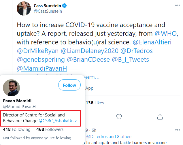 Pavan Mamidi: Leads  #India's top behavioural research & advisory centre, Centre for Social & Behavior Change, arm of Ashoka Univ. "Funded generously" by  #Gates Foundation, CSBC is also actively engaged in working w/ various govt's in India setting up behavioural & nudge units.