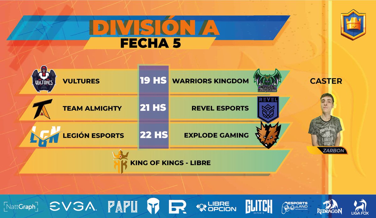🏆 | #ClashRoyale | #LigaFox 🦊

Enfrentamientos Jornada N°5  "División A"
@VulturesGG 🆚️ @CrKingdom 

<a href="/TAlmightyGG/">𝕋𝕖𝕒𝕞 𝔸𝕝𝕞𝕚𝕘𝕙𝕥𝕪⚔️🛡️ 🧡</a> 🆚️ @revelesportsgg 

<a href="/LegionEsportsOK/">Legion Esports 🇦🇷</a> 🆚️ <a href="/eXplodeGamingOK/">eXplode Gaming 🦔</a> 

Libre: <a href="/KingOfKings_GG/">King Of Kings 👑</a> 

👨🏻‍💻Caster: @zarbond

🖌Designer: @natt_graph