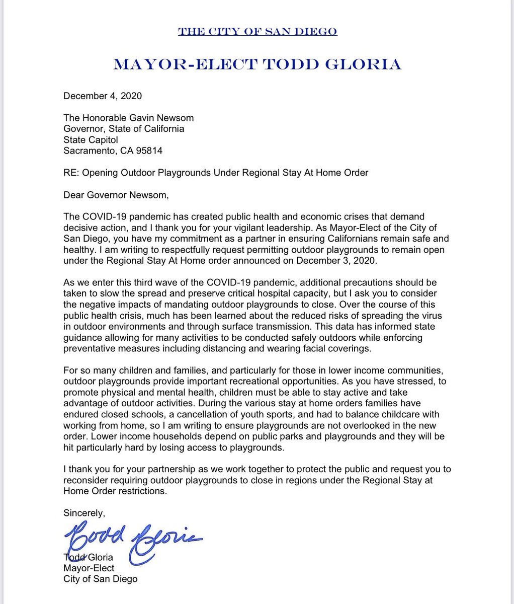 ToddGloria's tweet photo. I’m asking Governor @GavinNewsom to reconsider closing outdoor playgrounds. I believe there is a way for us to protect public health as well as the physical and mental health of our children by keeping playgrounds open. I stand ready to work with our Governor to do that. https://t.co/XVL8I5wkji