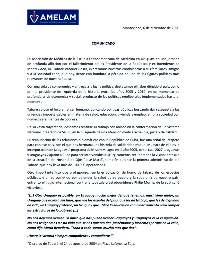 amelamuruguay's tweet photo. COMUNICADO:

La Asociación de Médicos de la Escuela Latinoamericana de Medicina en Uruguay, en una jornada de profunda aflicción por el fallecimiento del ex Presidente de la República y ex Intendente de Montevideo, Dr. Tabaré Vázquez Rosas, expresamos nuestras condolencias. https://t.co/kMNzVj0CNP