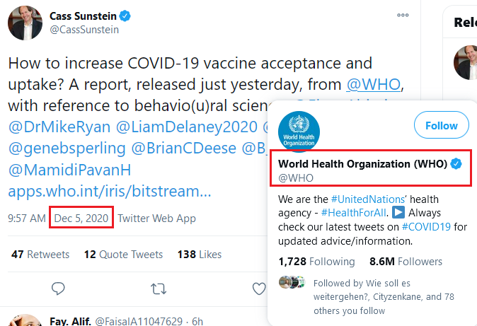 "The discussion focused on a series of key questions around achieving high & equitable uptake of vaccines through evidence-based & behaviourally informed strategies...The review process was finalized on 15 November 2020."Sunstein tags  #WHO,  #BIT & 7 others: