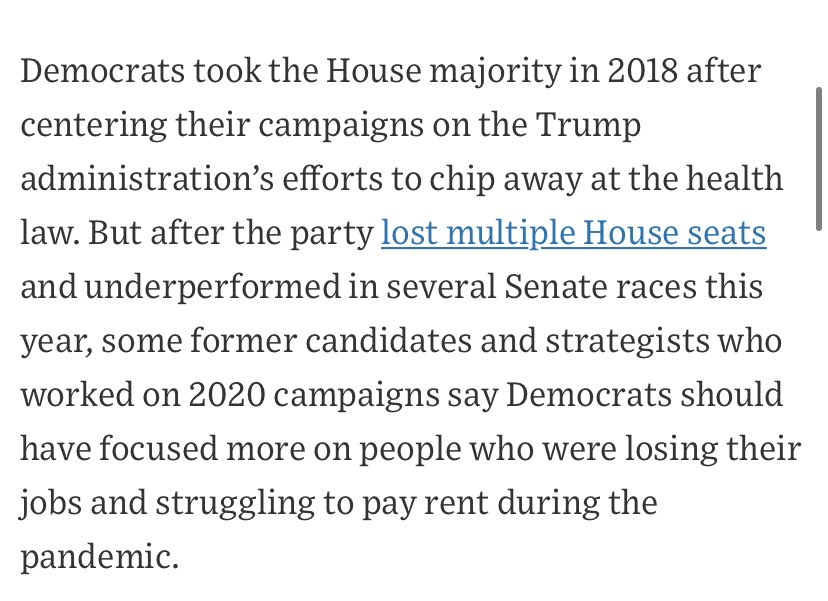 Health care was extremely salient in 2018 when Republicans had unified control of government and were actively trying to repeal the ACA. But repeal efforts were not dominating the news in 2020 and downballot Dems had no message for people suffering from covid’s economic fallout.