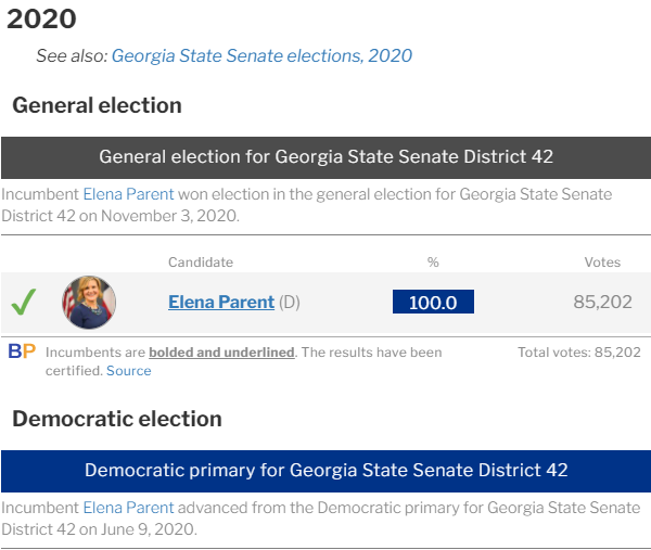 — Elena Parent (D) is an attorney and politician for GA district 42 (Dekalb Co).