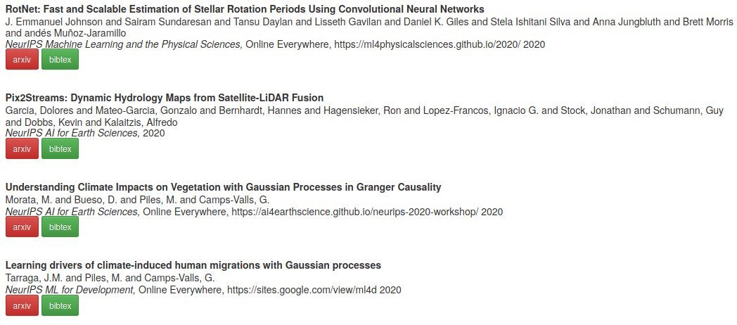 Right place to be these days: #AGU20 & #NeurIPS2020 We present 10 works around #deeplearning #causality #gaussianprocess #climate #crops #migrations #remotesensing #gaussianization #vegetation #informationtheory. Living in the ML-Earth-Physics interplay! bit.ly/36PltoQ