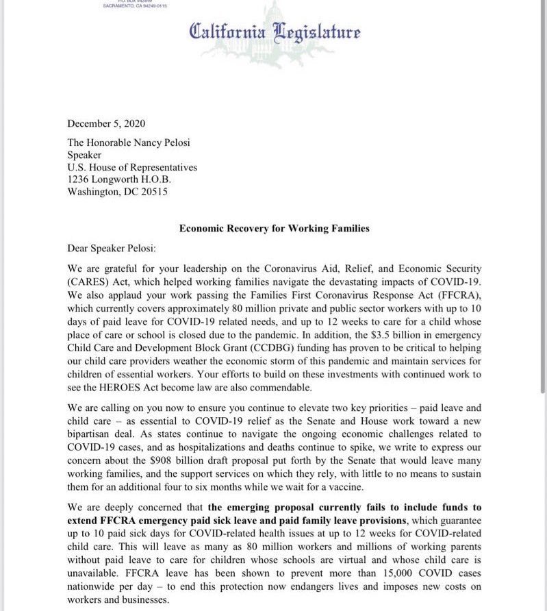 Today I’m joined by 21 colleagues in writing to thank  @SpeakerPelosi for fighting to get working families the help they deserve.But we also must express deep concern that the emerging proposal fails to extend COVID leave provisions, & inadequately supports child care providers—