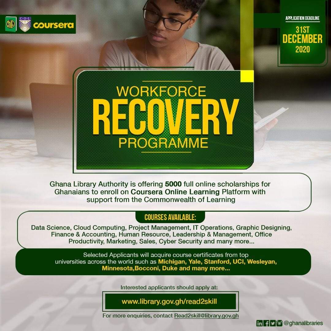 Assowkknust's tweet photo. Hi there..
The Ghana Library Authority has re-opened applications for the Read2Skill project dubbed the “Workforce Recovery Programme” which would allow  selected applicants to acquire course certificates from top universities across the world such as Michigan, Yale, Stanford... https://t.co/6oY6si9Mme