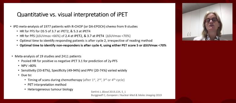 With regards to interim PET, after C2 best to determine responders, after C4 best to determine non-responders. After C4 non-responder definition = Deauville 5 or change in SUVmax <70%. Caveat: residual SUVmax >5 = non-responder.2/