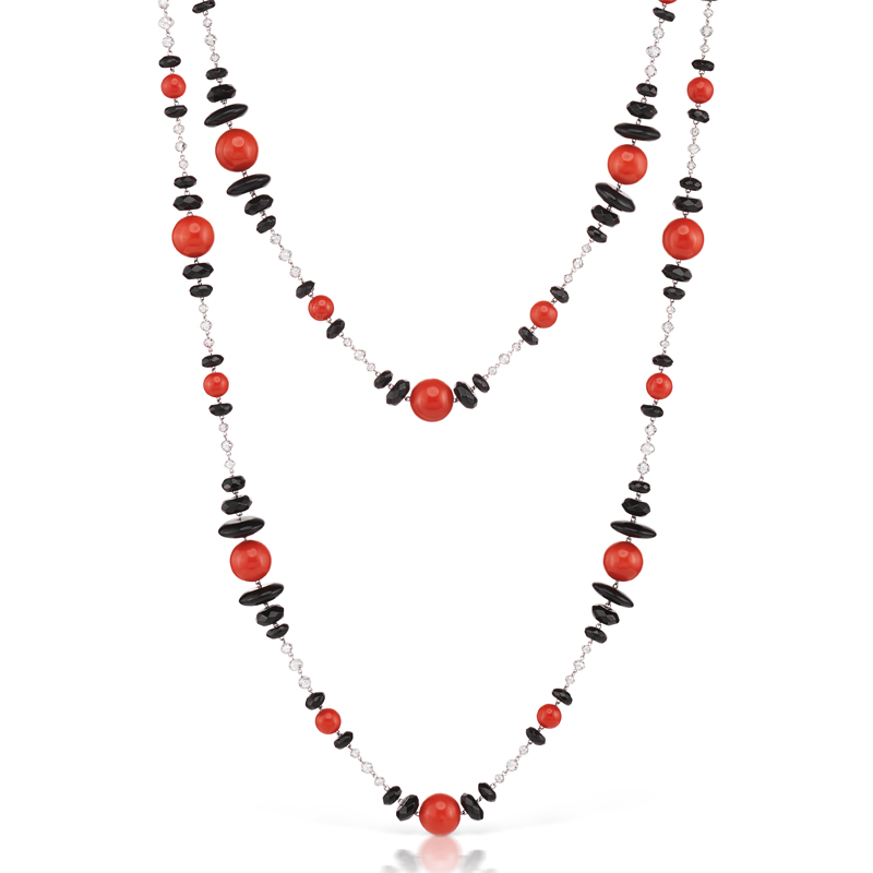 Sardinian Coral, Black Onyx  and Diamond Chain Necklace.
Available at 37 Hazelton Avenue.
#assaelpearls#coral#extraordinarygems#diamonds#timeless#necklace.