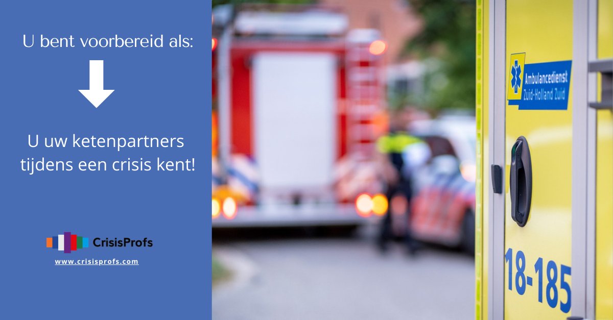 De beste voorbereiding op de crisis van morgen is vandaag na te denken over welke maatregelen op dat moment nodig zijn en welke acties u nu kunt nemen.  Wie zijn bijvoorbeeld uw ketenpartners?
#crisismanagement#trainen#crisisprofs#crisisplan