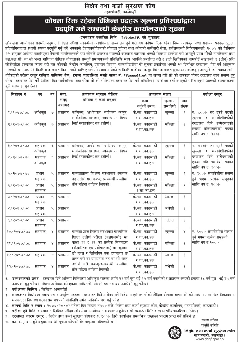 निक्षेप तथा कर्जा सुरक्षण कोष काठमाण्डौंले माग्यो अधिकृत र सहायक अधिकृत पदका लागि २३ जना कर्मचारी
सिट संख्या:- २३ जना
विज्ञापन कसरी भर्ने, दरस्तुर कति लाग्ने, दरखास्त फाराम कहाँबाट Download गर्ने । हेर्नुहोस् सम्पूर्ण जानकारी ।
pschelper.com/2020/12/Sarkar…