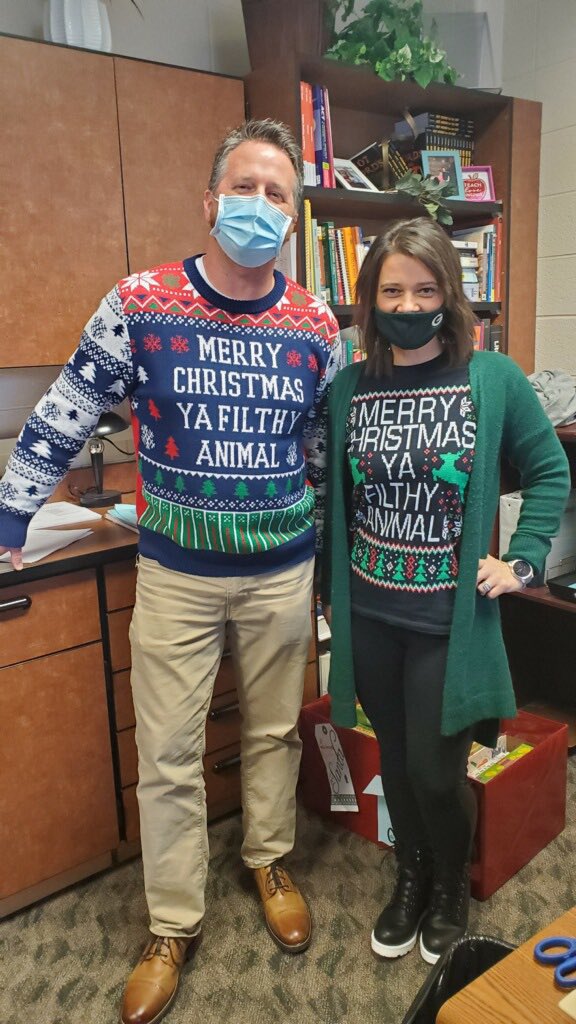 The holiday spirit week begins tomorrow with ugly sweater day. Join Mr. Hockersmith and Mrs. Allen in the Christmas festivities and continue donating items for Megan’s Fund!