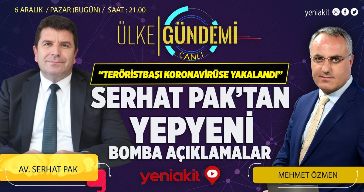 yeniakit's tweet photo. Türkiye'de ilk kez "Teröristbaşı koronavirüse yakalandı" açıklamasında bulunan avukat Serhat Pak'tan bomba yepyeni bilgiler...

Bu akşam saat 21.00'da "Ülke Gündemi"nde!

Sakın kaçırmayın.

Canlı Yayın Linki: 

https://t.co/9gZ4YAurIv https://t.co/PpYOD9Og4y