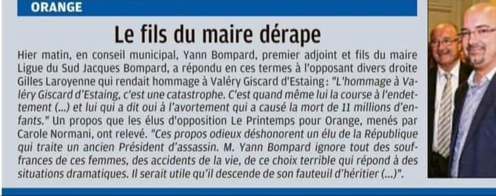 Le MoDem 84 condamne les propos de Yann Bompard, adjoint au Maire d’Orange qui a affirmé que l’ancien Président Giscard d’Estaing était responsable de la mort de millions d’enfants pour avoir défendu le droit à l’IVG. Intolérable dans l’enceinte d’une Mairie de la part d’un élu.