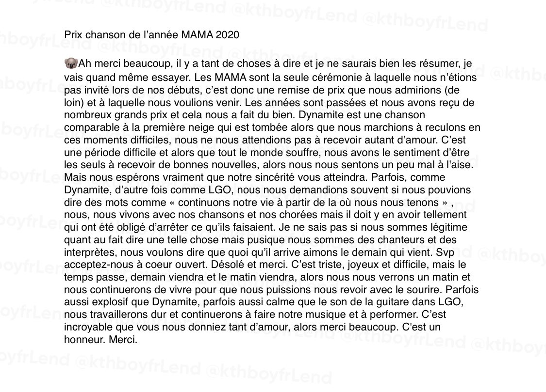 KTHBOYFRlEND's tweet photo. Discours de Namjoon pour la chanson de l’année MAMA 2020

🐨demain viendra et le matin viendra [...] nous continuerons de vivre pour que nous puissions nous revoir avec le sourire https://t.co/rBXIIiEreh
