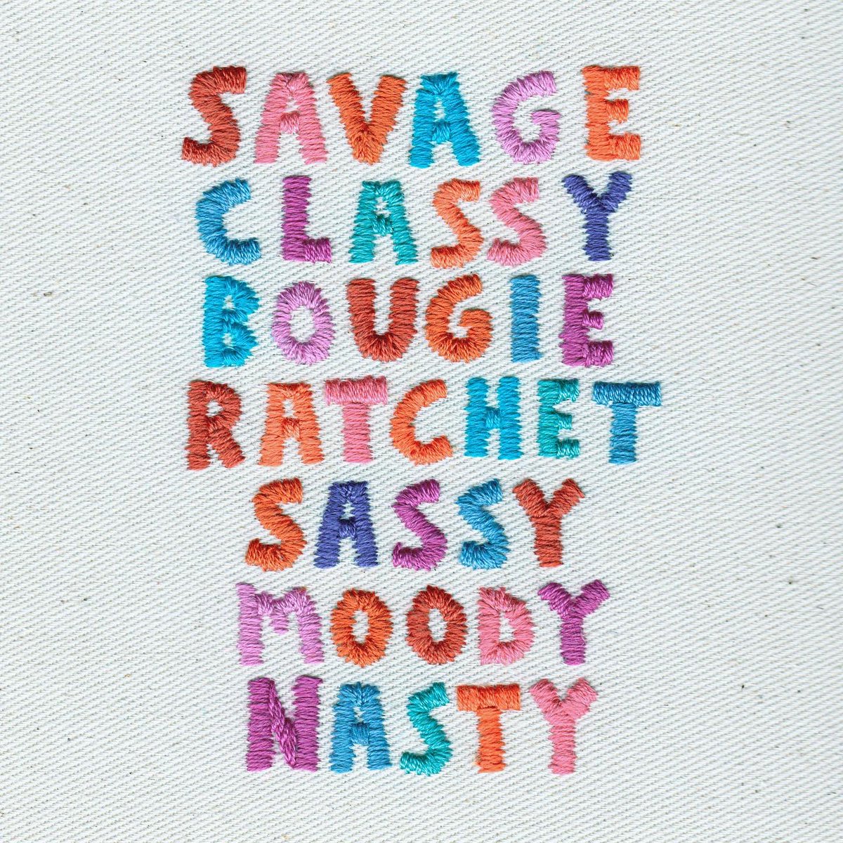 sparklymouse's tweet photo. thank you for all the love and orders these past few weekends 
#savage #classy #boujie #ratchet #sassy #moody #nasty #tiktok #megantheestallion #songlyrics #colourblock #textileart #pastel #artwork #illustration #instaart #embroideryart #handembroidery #stitch #dmcthreads https://t.co/uEIQi5ozEi