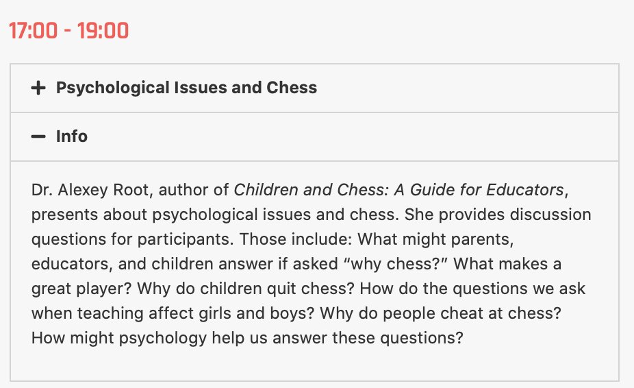 LondonChessConf's tweet image. The final #ChessTech2020 online session!

17:00 -  19:00 GMT
Psychological Issues and Chess
Dr. Alexey Root, author of Children and Chess: A Guide for Educators, presents about psychological issues and chess. She provides discussion questions for participants