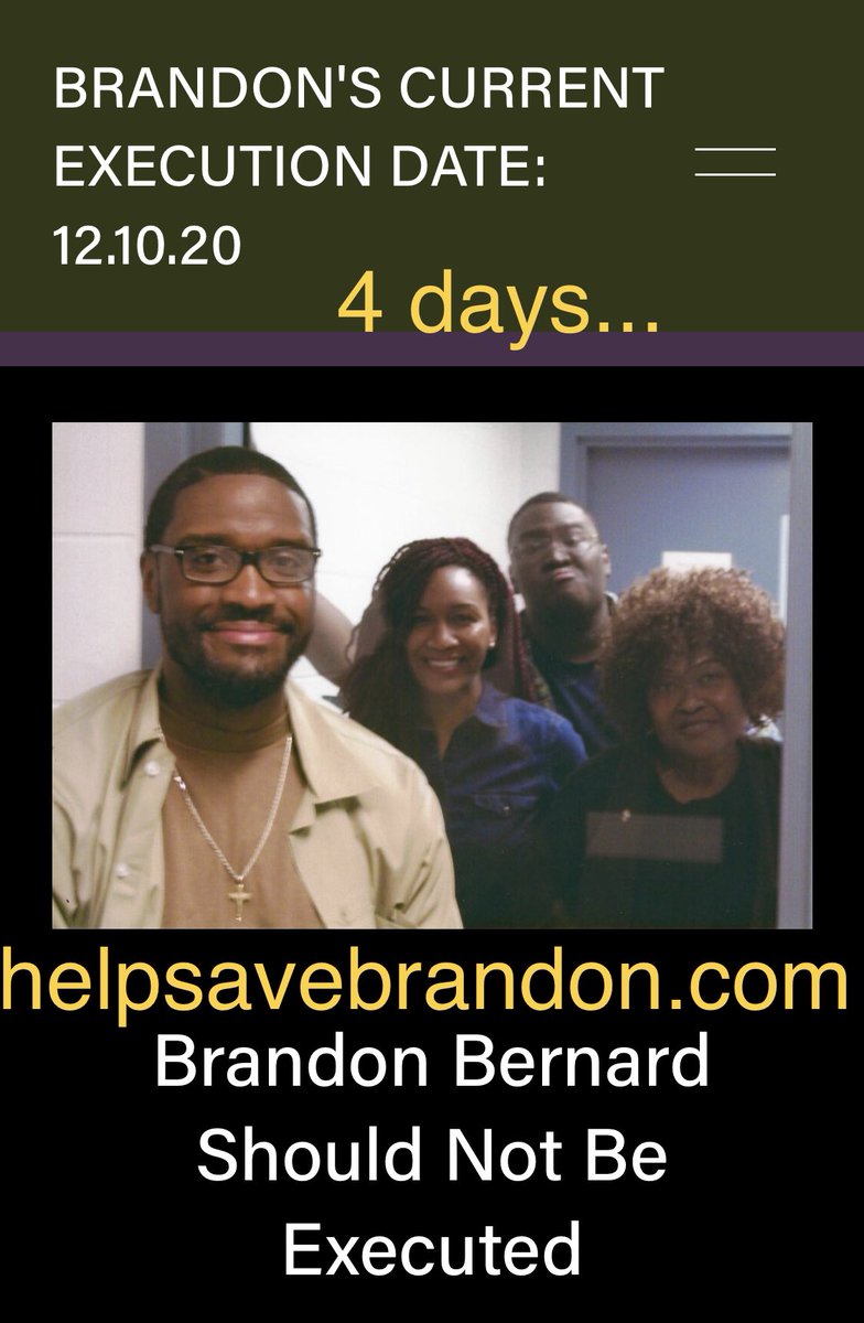 helpsavebrandon (@helpsavebrandon) on Twitter photo 2020-12-06 15:56:59 #BrandonBernard’s unjust execution is 4 days away... helpsavebrandon.com. Signal boost, sign the letter if you haven’t, leave a vm for DOJ. Join the fight #helpsavebrandon #BrandonBernard’s unjust execution is 4 days away... helpsavebrandon.com. Signal boost, sign the letter if you haven’t, leave a vm for DOJ. Join the fight #helpsavebrandon