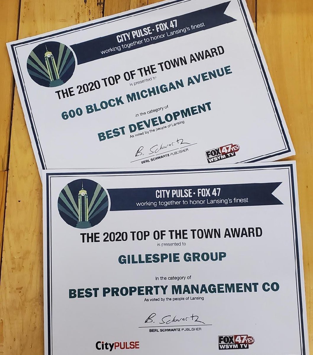 GillespieGrp's tweet photo. THANK YOU, Lansing, for voting us as the Best Property Management Company and BLOCK600 as the Best New Development through the @CityPulse Top of the Town!
We love what we do, and we're thrilled to continue to serve this amazing community. #LoveLansing https://t.co/LONPXy8tR3