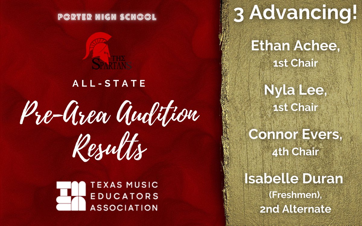 3 students and 1 alternate are advancing to the next and final round of auditions for the Texas All State Choir!! Congratulations Porter HS Choir! <a href="/PorterSingers/">Porter HS Choir</a> <a href="/PorterSpartans/">Porter HS</a> <a href="/newcaneyisd/">New Caney ISD</a> <a href="/TMEA/">TMEA</a>