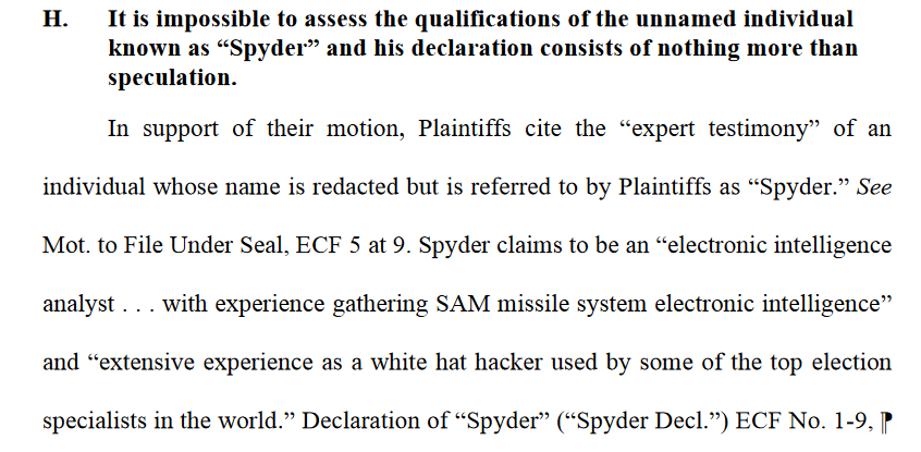 Star expert witness "Spyder" has like mad skills as a hacker and is a wicked awesome electronics intelligence analyst, duude.Of course anyone can just say that, and that's exactly what he did - apart from a cheesy nickname, no evidence given to verify his qualifications. DENIED.