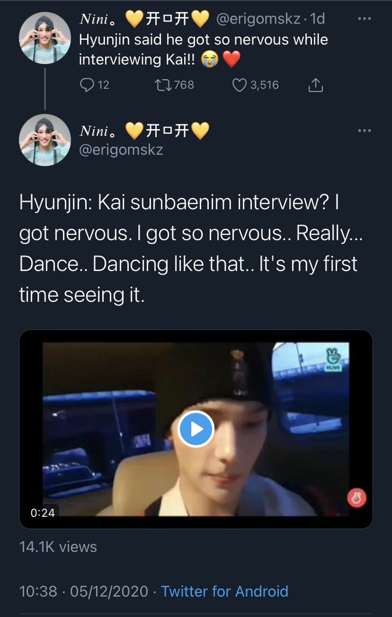 Nibear_88's tweet photo. Stray Kids Hyunjin talking about interviewing Kai and watching him dance live https://t.co/S9Eh9dYtsK