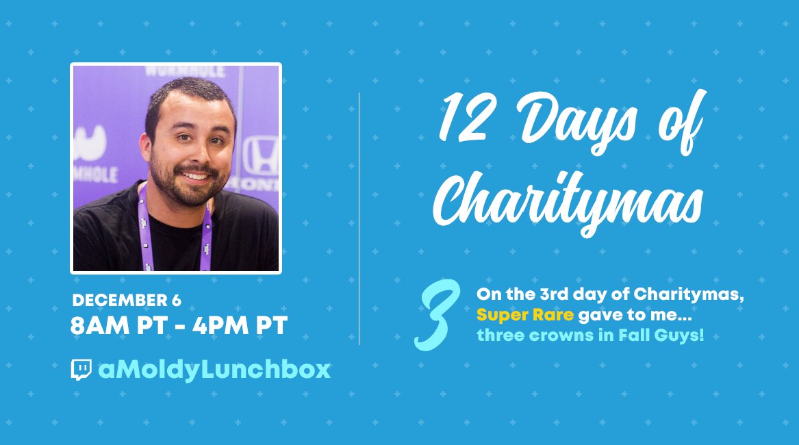 WeAreSuperRare's tweet image. The time has come for our THIRD scheduled stream of Charitymas! Starting at 8AM Pacific. Let's see how many crowns @amoldylunchbox can get playing @FallGuysGame while raising money for @Charity_Gaming ! twitch.tv/amoldylunchbox