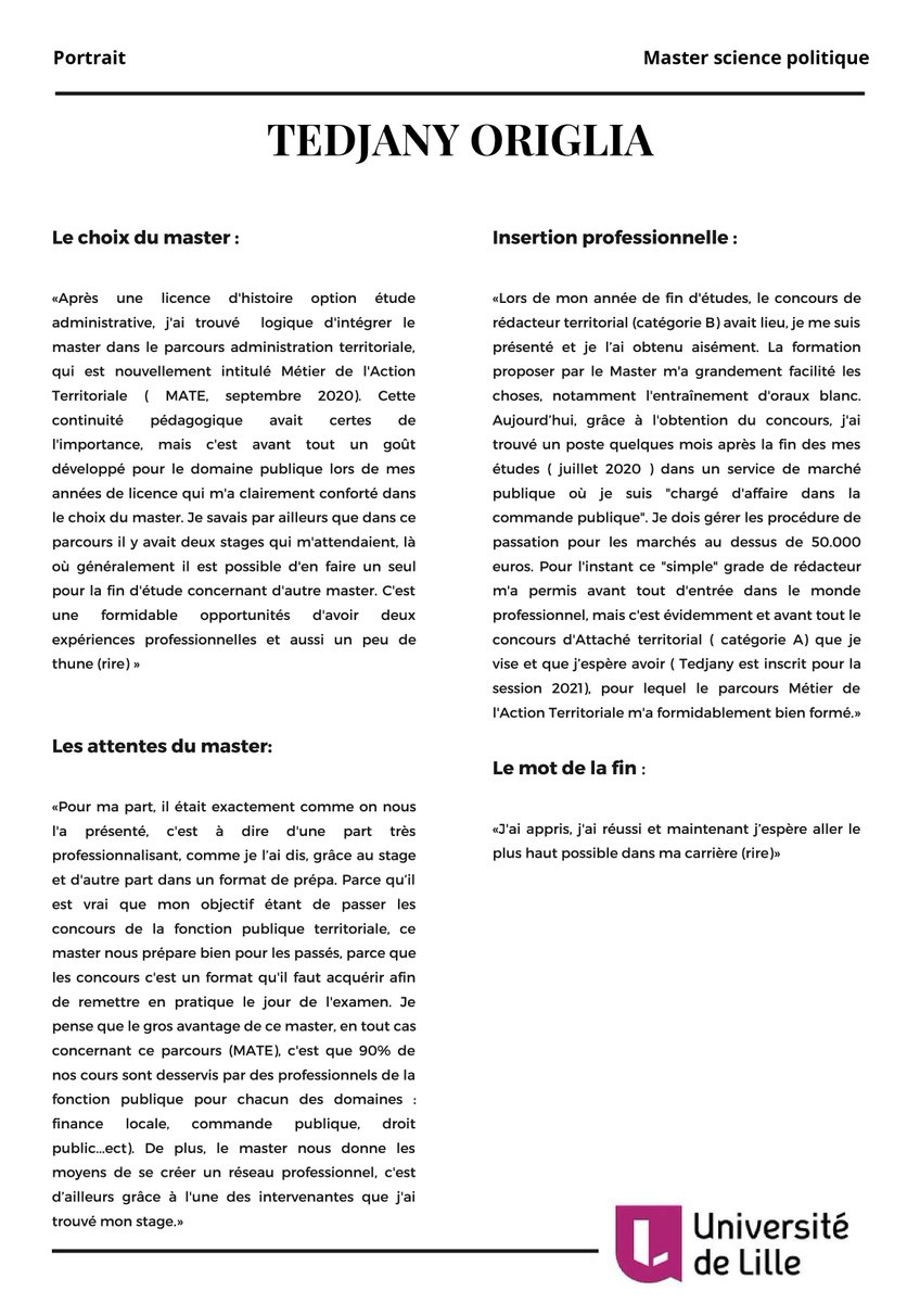 MasterLille's tweet photo. On continue nos témoignages avec le portrait de l'un de nos anciens étudiants qui a suivi le parcours métier de l'Action Territoriale #ATE @MasterLille 

[portrait] : Tedjany Origlia 👇

🙌 Merci à Tedjany de nous avoir accordé de son temps pour répondre à nos questions. https://t.co/3HXYWJYoCV